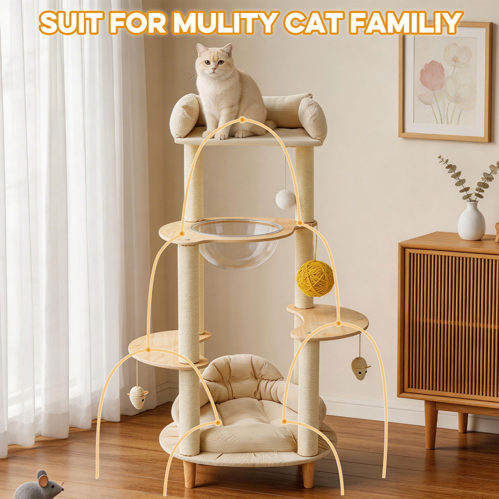 Modern Heavy-Duty No-Drill 4-Tier Solid Wood Cat Tree- 45.7in Multi-Cat Tower With Cozy Bed, Capsule & Extra Wide Perch photo 6