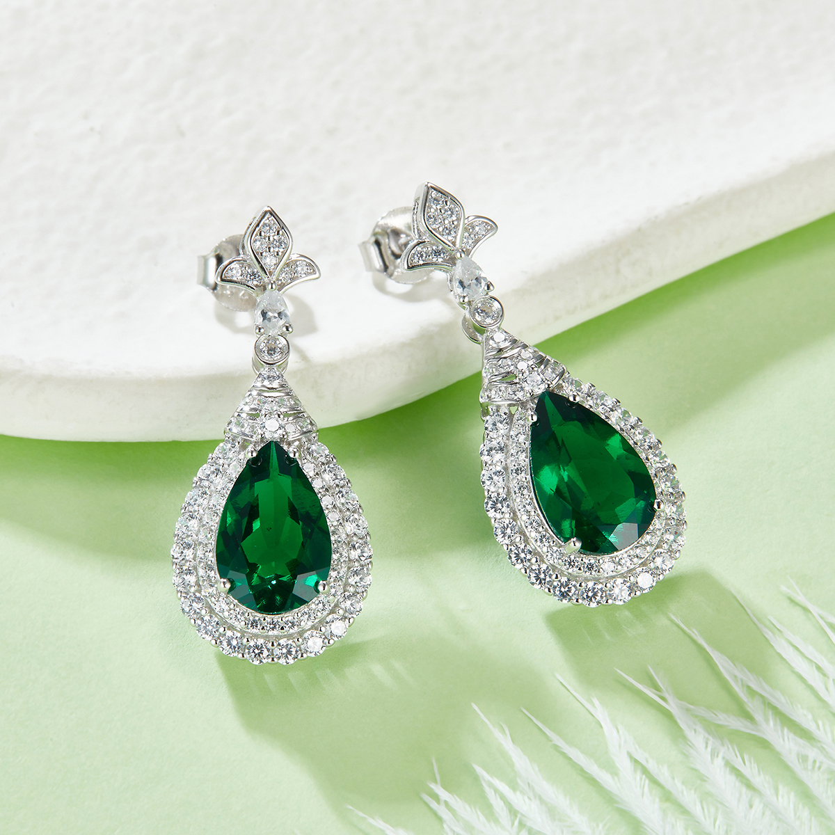S925 Silver 5.4g Lab-Created Emerald Drop Earrings, 3.4ct 11x7mm Halo Pair photo 1