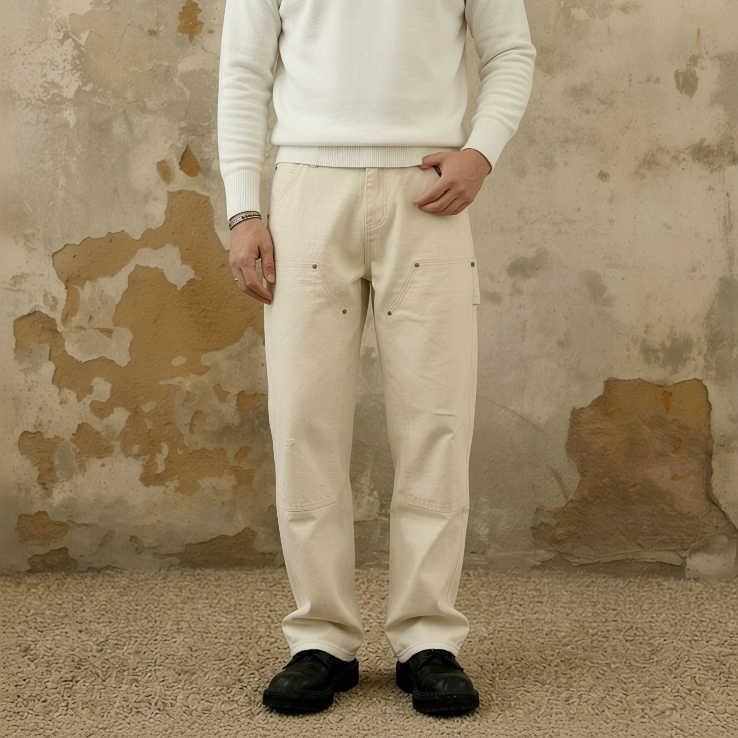 White Cargo Jeans Men Loose Fit Denim Pants Workwear Style Big Size Plus Size Streetwear Ready Stock photo 2