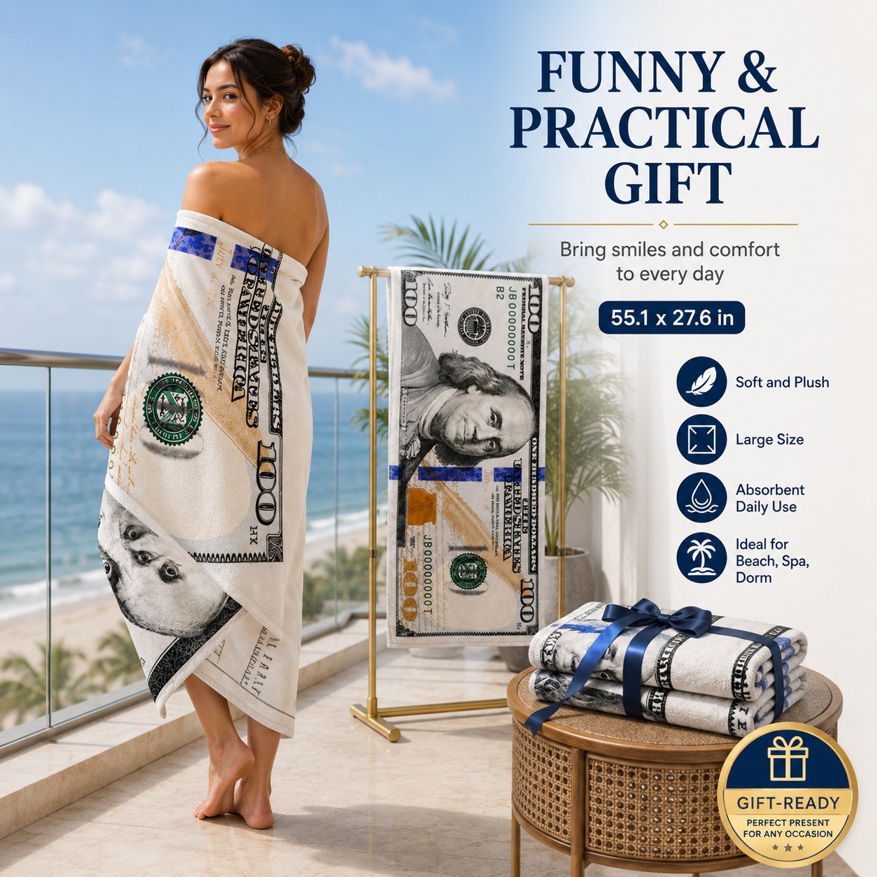 55x28in Cash Print Beach Towel Soft Velour Absorbent US Dollar Seaside Pool Towel photo 1
