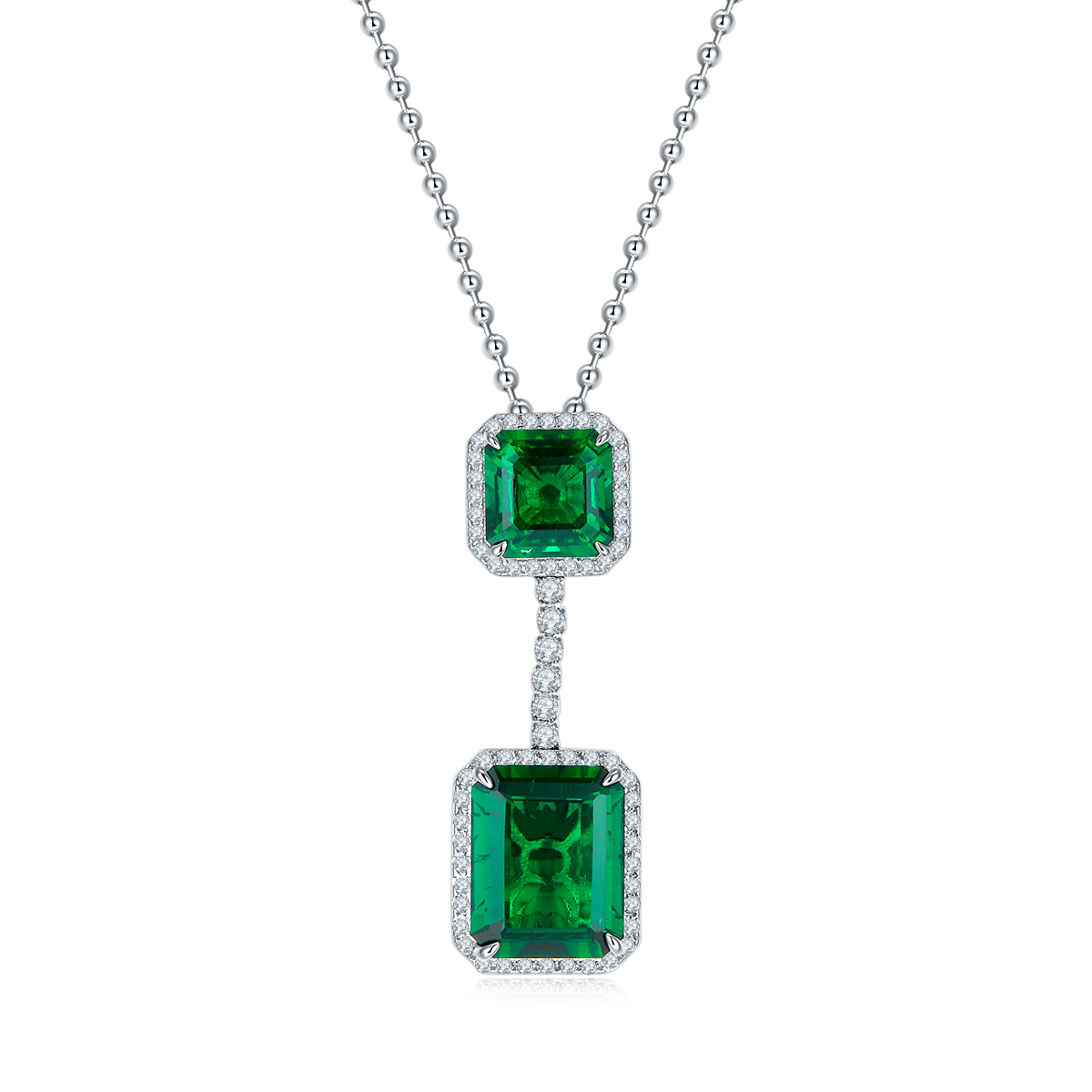 S925 Silver 12.9g 12.7ct Lab-Created Emerald Necklace, 15x12mm & 10x10mm Double Drop, 40cm photo 1