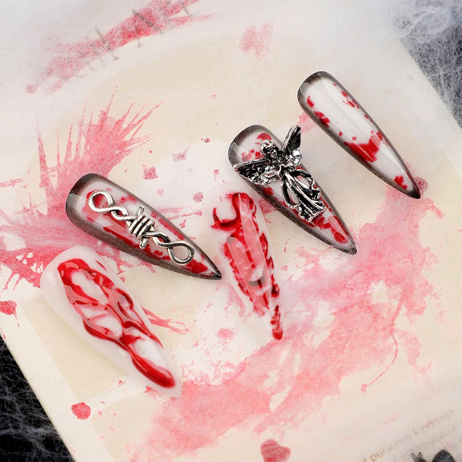 24Pcs Extra Long Teardrop Press On Nails, 3D Blood Red Terror Angel Design Fake Nails, Halloween Gothic Scary Wearable Nail Art For Women photo 4