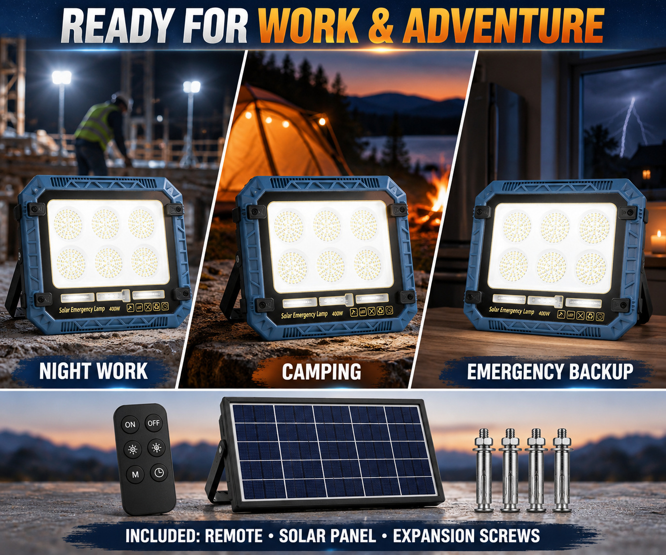 Solar Powered Rechargeable Battery Display 18650 W8115 3 12 5W LED Flood Light Remote Control photo 4
