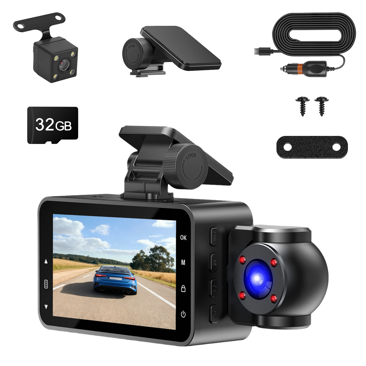 WiFi FHD 1080P 3 Channel Car Dash Cam Front Rear Inside With 32G MMC Card Motion Detection Loop Recording Infrared Night Vision Surveillance Car Camera With App Control photo 1