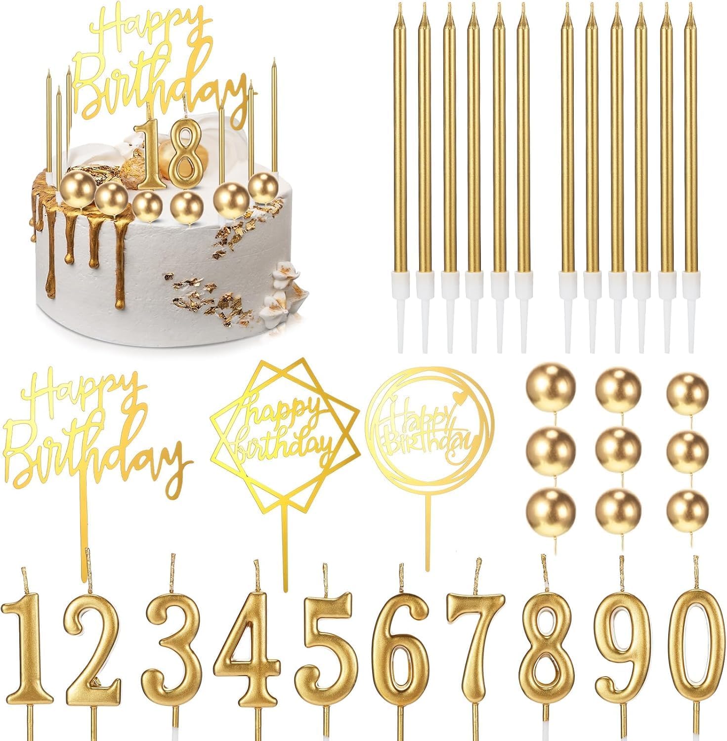 Gold Birthday Cake Toppers 34 Units, Birthday Candles And DIY Cake Decorations For Men, Women, Anniversaries And Parties photo 1