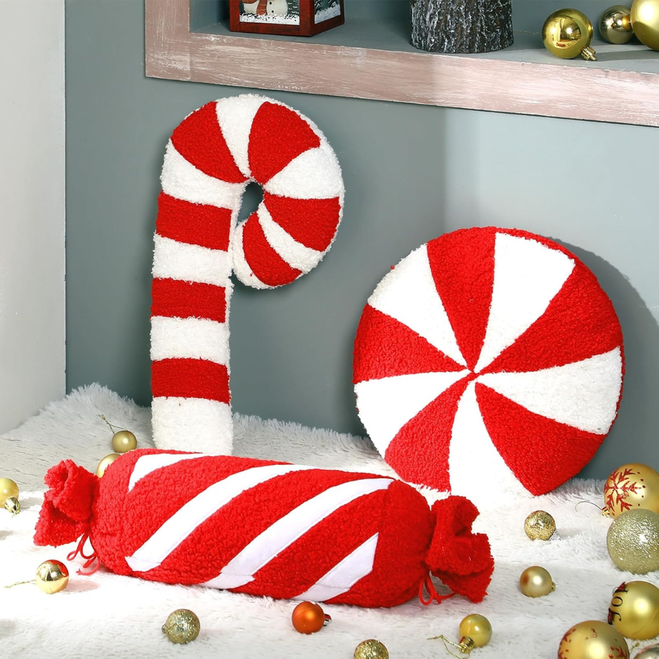 3Pcs Christmas Red Candy Shape Throw Pillows, Festive Holiday Decor photo 1
