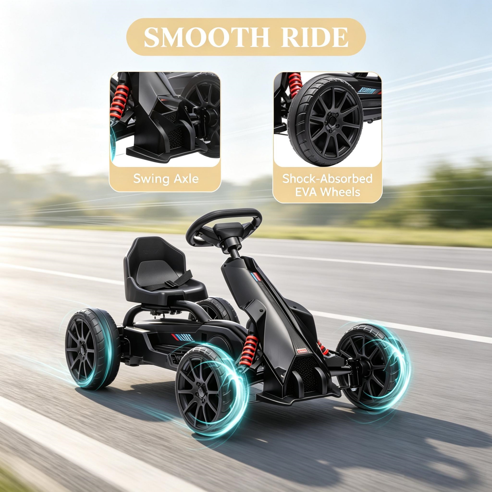 Black Children's Pedal Kart, Adjustable Seat, Durable Swing Axle, Safe Outdoor Riding Toy photo 3