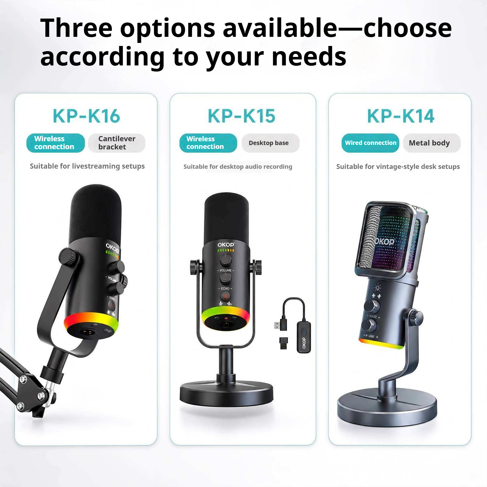KP-K14 15 16 New Desktop Microphone For Live Streaming Recording Karaoke Features RGB Lighting Wireless Receiver And Smart Noise Cancellation In-Stock Factory Direct photo 3