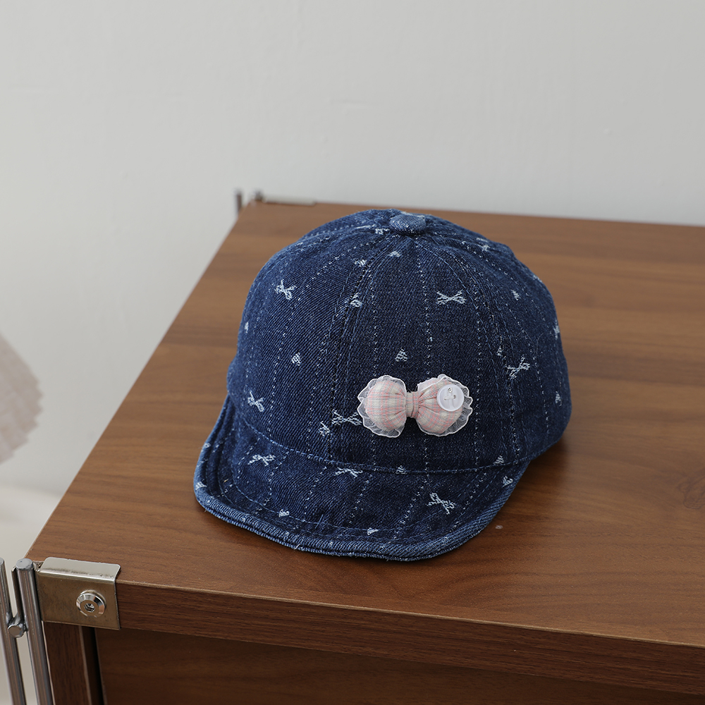 Striped Lace Bow Girl's Denim Baseball Cap, Baby-sized, Washed, Jacquard, Frayed, Heart-shaped Soft Brim Hat photo 6