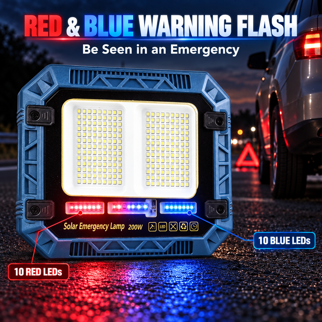 Solar Powered Rechargeable Battery Display 18650 W8113 2 LED Flood Light Red Blue Warning SMD photo 4