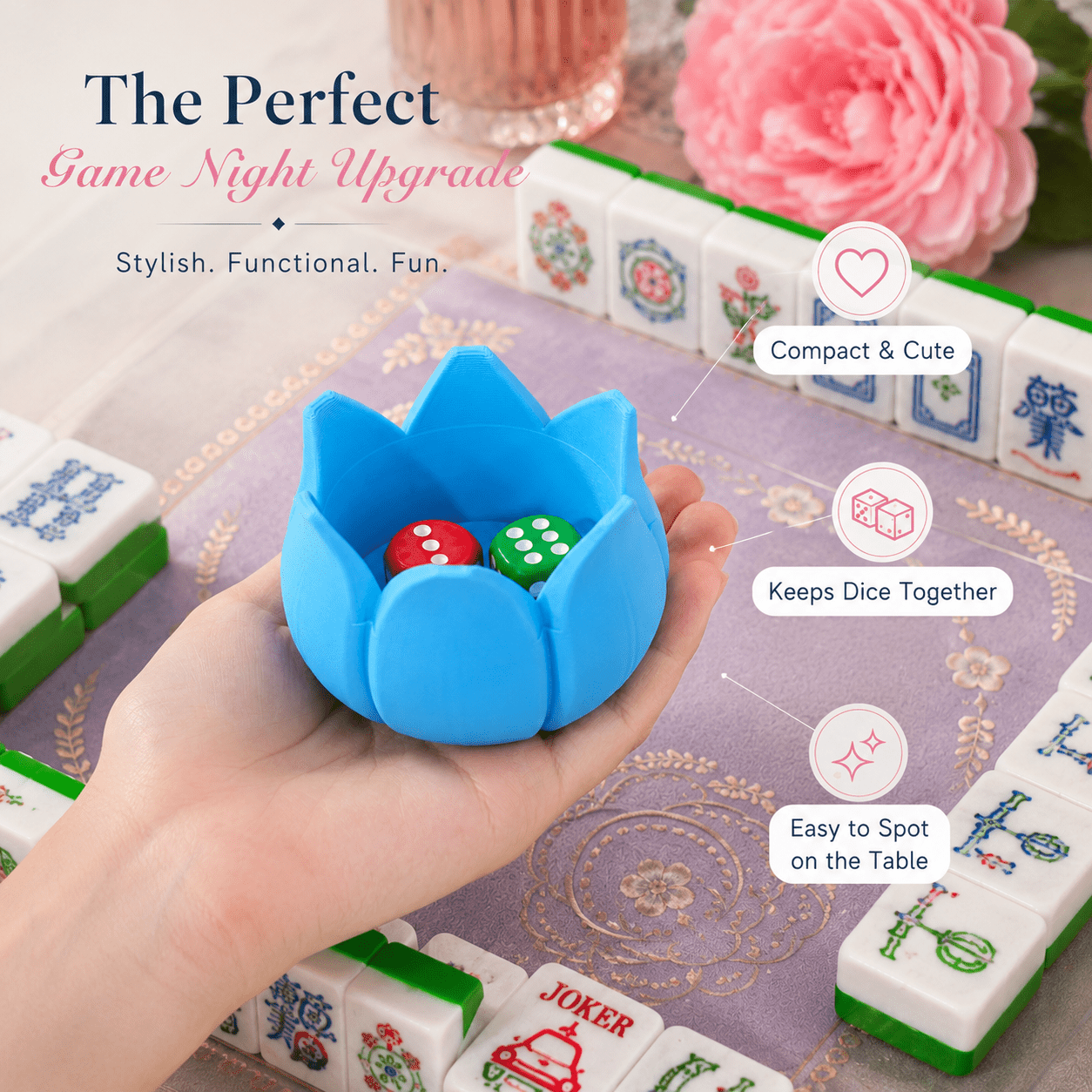 Tulip Flower Mahjong Dice Tray, 3D Printed Dice Holder For Mahjong Game Night, Decorative Table Accessory, Colorful Game Room Decor photo 5