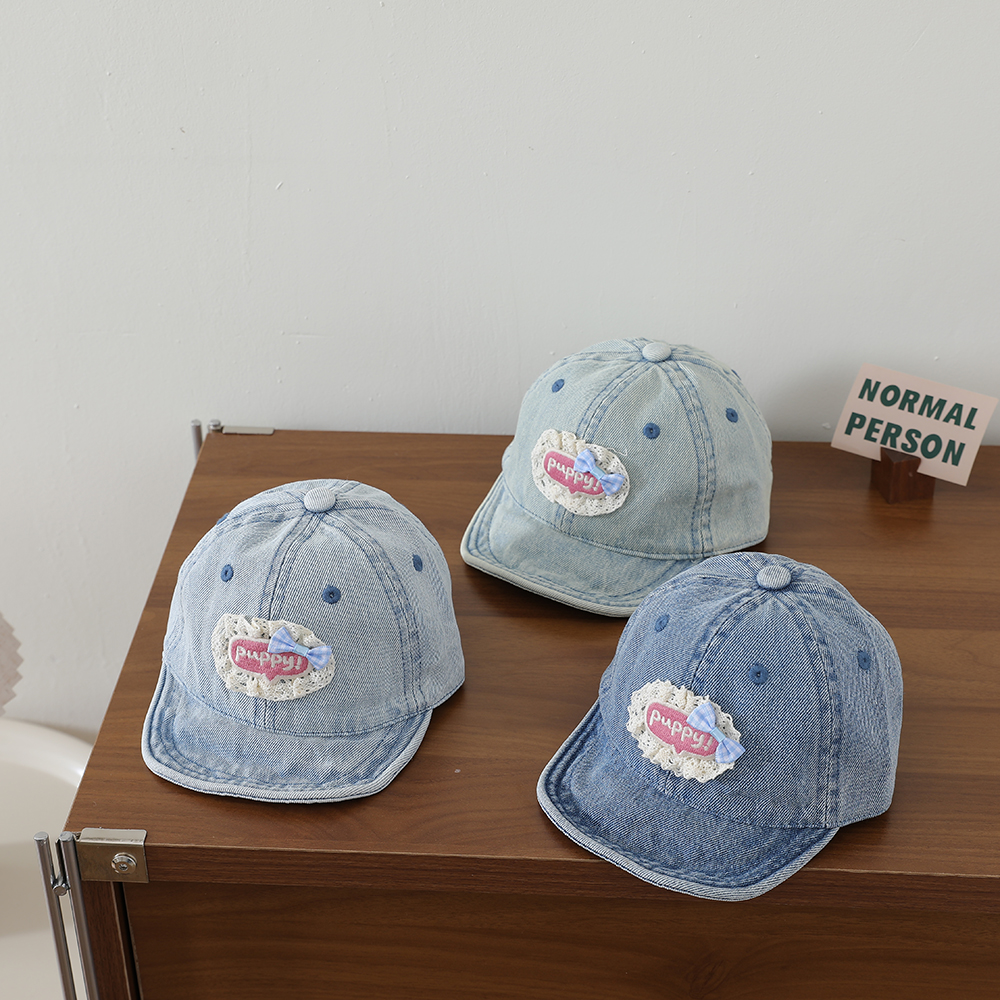 Sweet Style Patchwork Lettered Lace Edging Denim Kids Baseball Cap Washed And Antique Soft Brim Bow Tie Hat photo 1