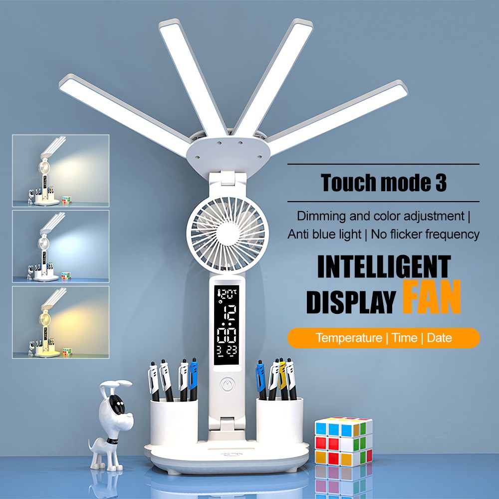4-Head LED Desk Reading Lamp With Fan Clock Dimmable Rechargeable Touch Light photo 1
