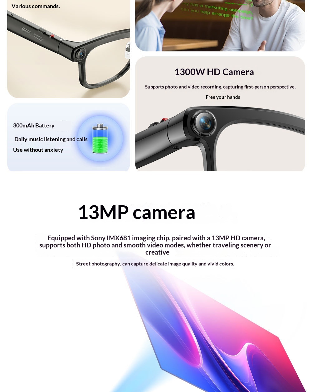 AI Smart Glasses, 1300 MP High Definition Camera, Anti Shake Shooting, Object Recognition Multi Functional Eyeglasses photo 4