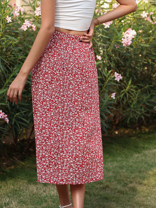 Women Ditsy Floral Midi Skirt High Waist A Line Flowy Ruffle Hem Casual Boho Skirt For Summer photo 5
