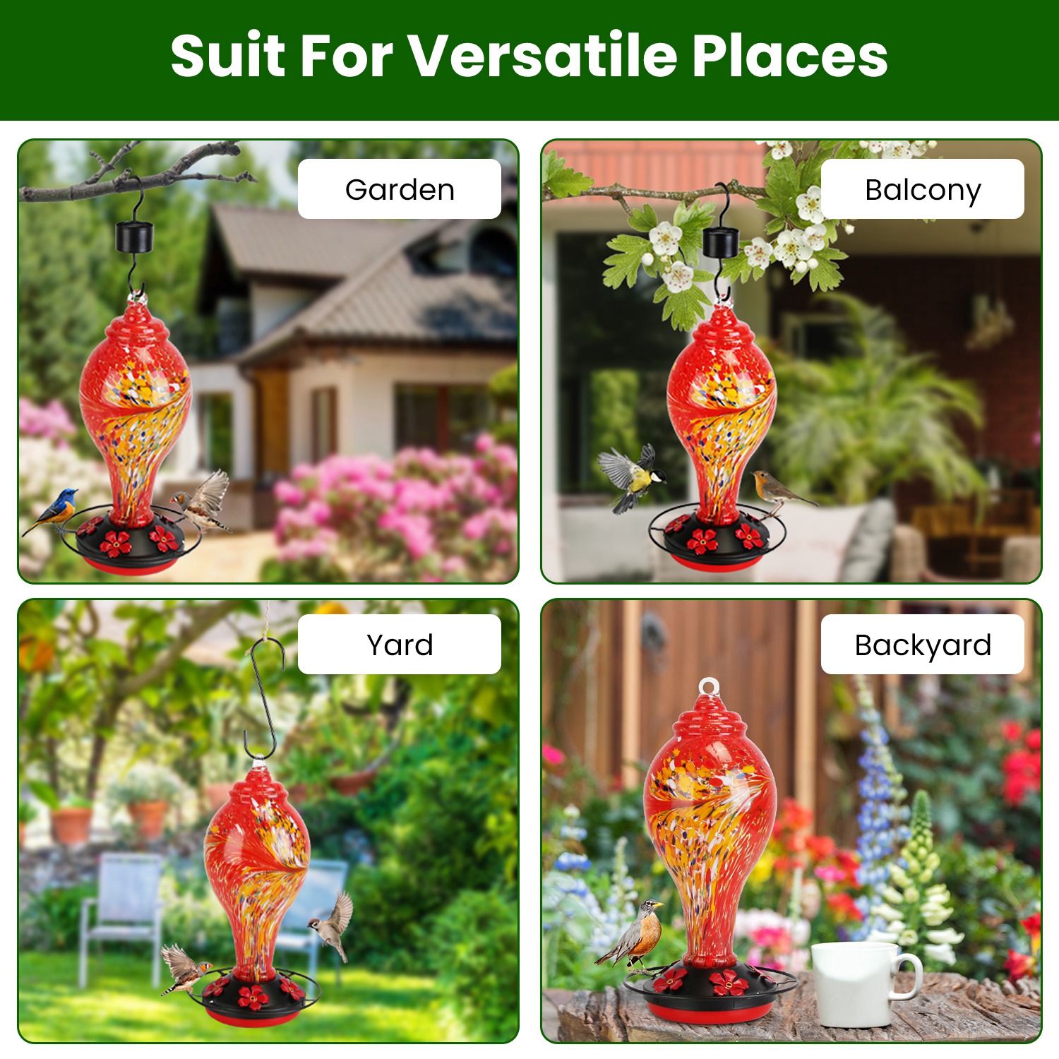 1Pc Glass Hummingbird Feeder 33OZ Hand Blown Hummingbird Feeder With 5 Flower Feeding Port Perch Ant Moat Hanging Hook S Hook Hemp Rope Cleaning Brush For Garden Decor photo 5
