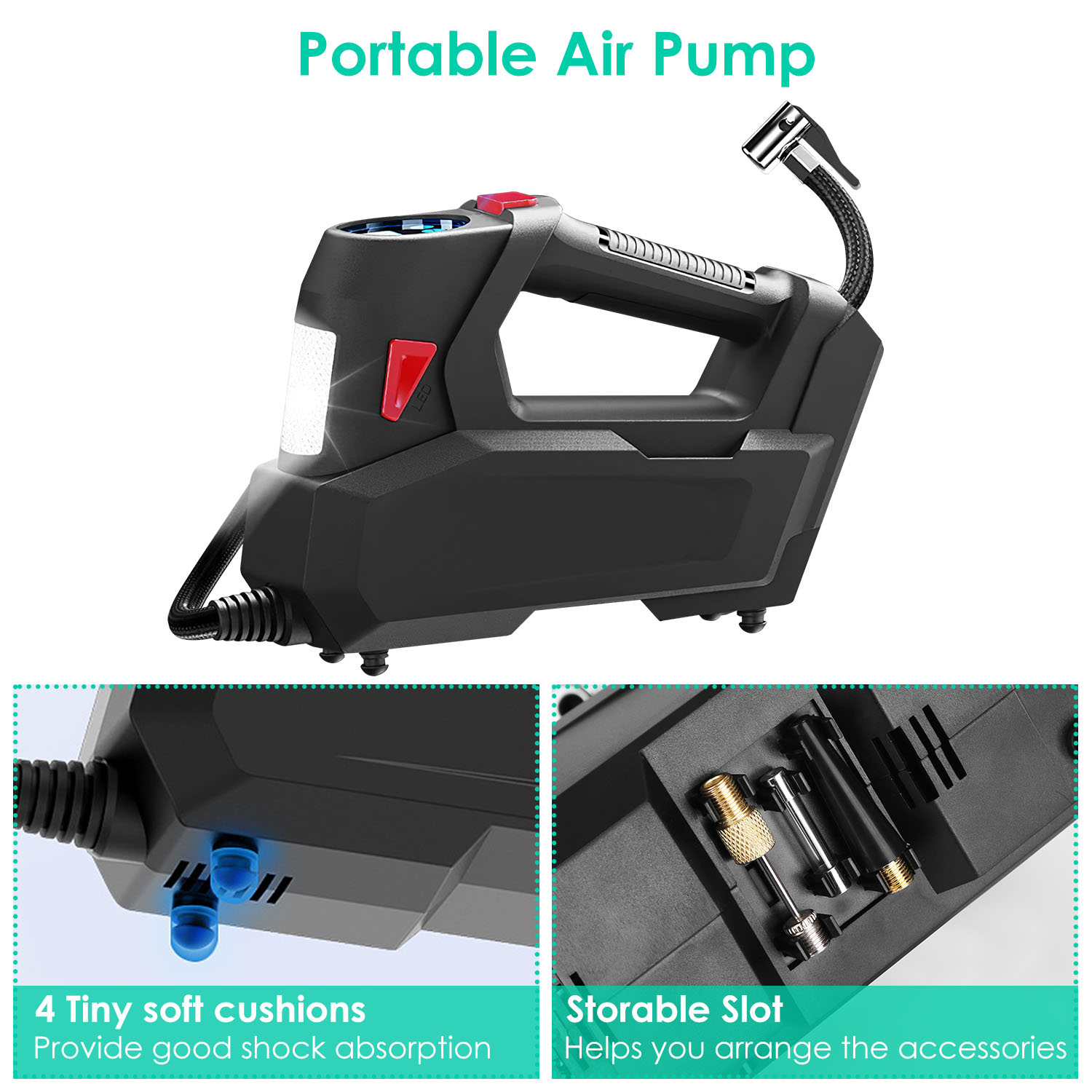1Pc Portable Tire Inflator 120 PSI Maximum 90W Powered Tire Inflator With Digital Display LED Light Inflatable Nozzle Needle Fuse Air Compressor For Bikes Motorbikes Car Balls photo 7