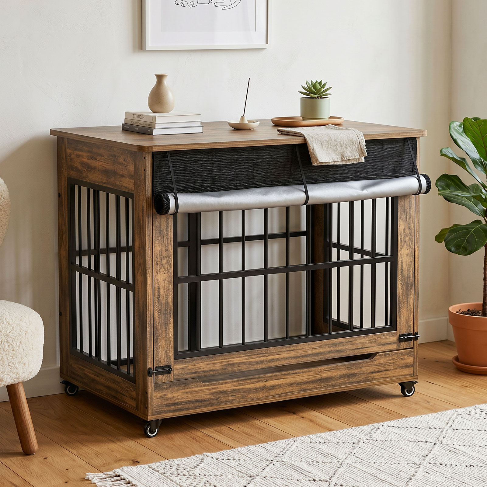 46in Large Dog Crate Furniture, Double Door Wooden Indoor Dog Kennel Furniture, Decorative Pet Cage End Table With Wheels For Extra Large Breed Dogs, Size 2XL, Greige photo 2