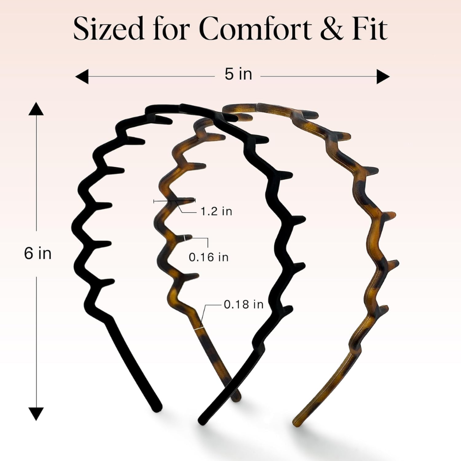 2PCS Zig Zag Headbands For Women, Black & Tortoise Pattern Hair Bands, Non-Slip Stretch Hair Accessories photo 3