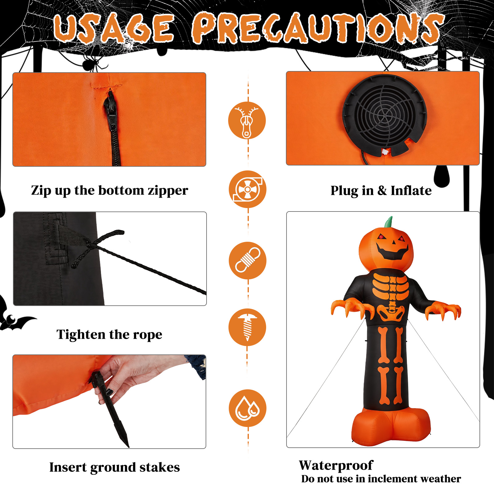 12ft Inflatable Halloween Decor With Skeleton Ribs,Pumpkin & Grim Reaper,3 LED Lights - 115 Count String Lights,Black & Orange,12V 2000mA US Power Adapter photo 8