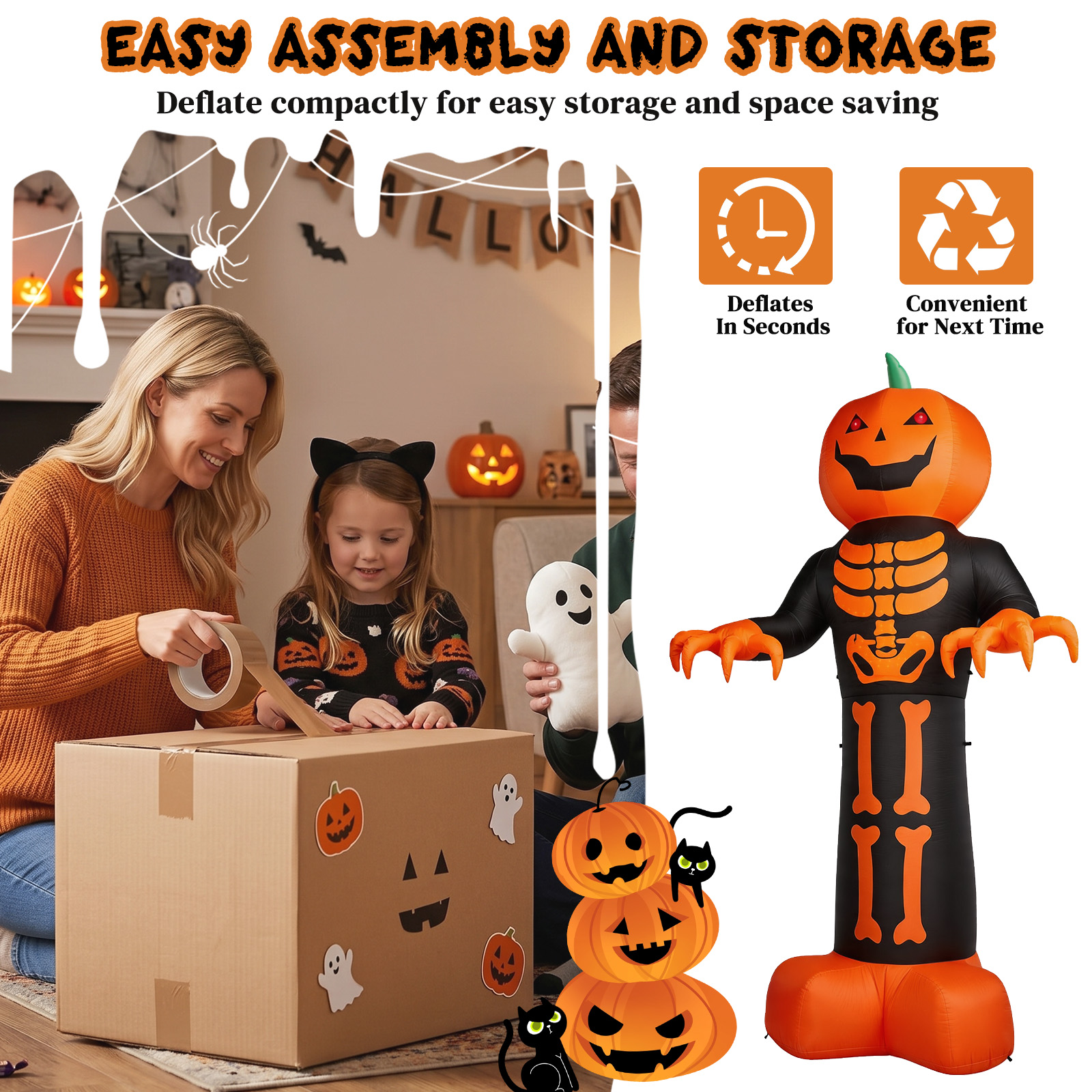 12ft Inflatable Halloween Decor With Skeleton Ribs,Pumpkin & Grim Reaper,3 LED Lights - 115 Count String Lights,Black & Orange,12V 2000mA US Power Adapter photo 7