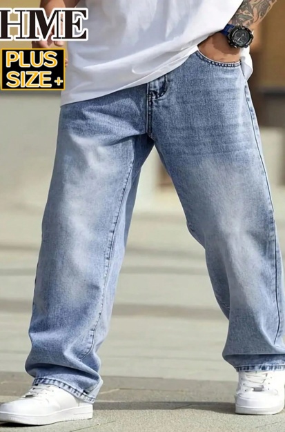 Light Blue Jeans Men Relaxed Fit Loose Denim Pants Casual Streetwear Plus Size Big Tall Men's Ready Stock photo 3