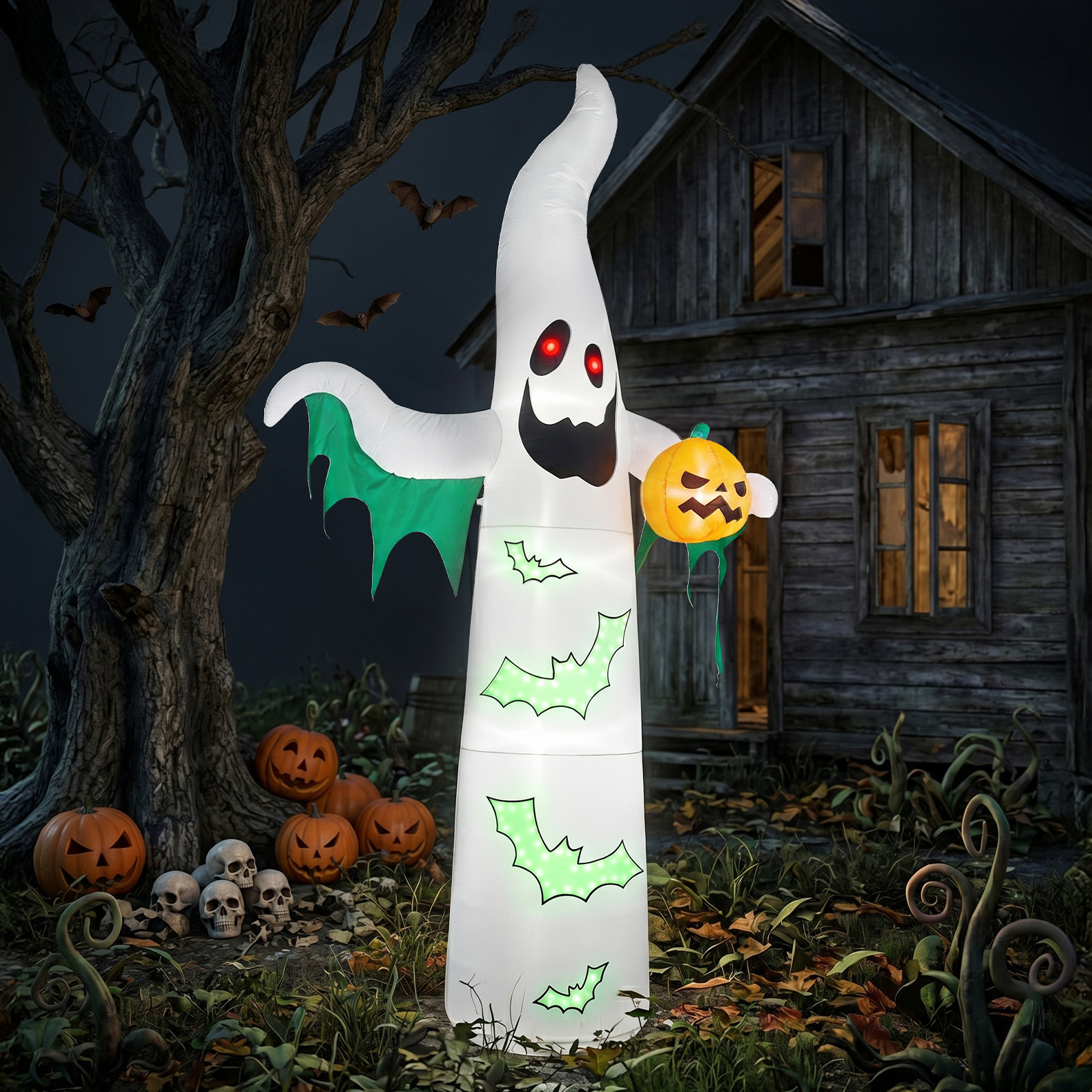 12ft Inflatable Halloween Decor With Flashing Bats & White Ghosts,4 LED Lights - 82 String Lights,White & Green,12V 1500mA US Power Adapter photo 6