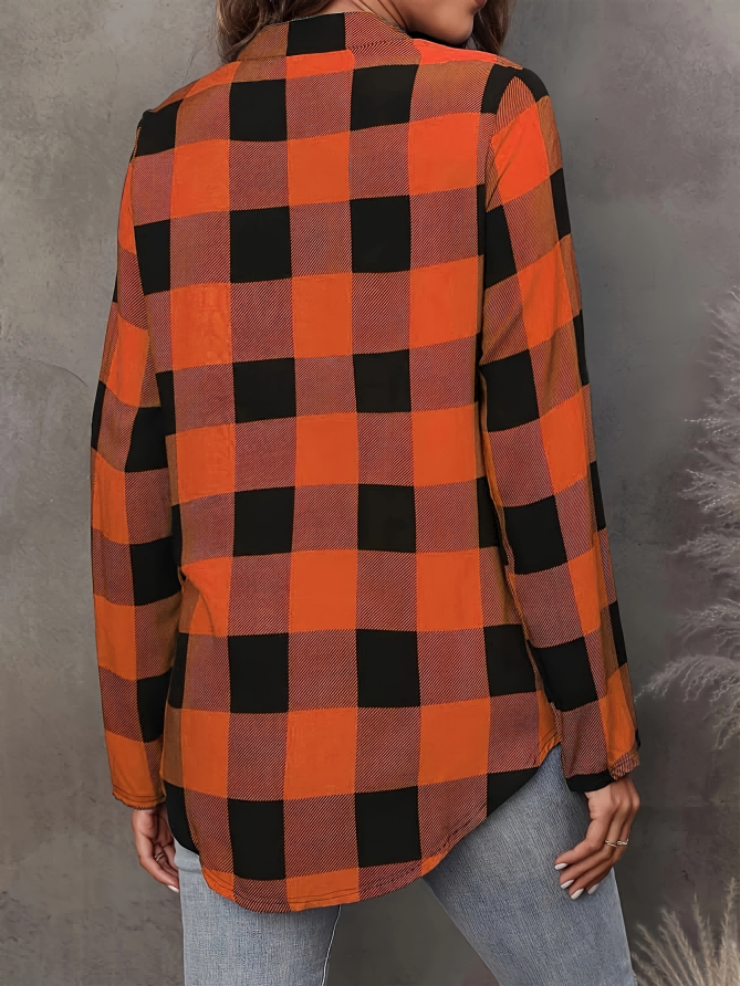 Women's Buffalo Plaid V Neck Blouse, Long Sleeve Notch Collar Tunic Shirt, Casual Fall Plaid Top For Women photo 3