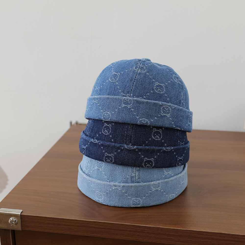 Full-pattern Jacquard Teddy Bear Children's Denim Cowboy Hat, Washed And Distressed Rolled Brim Straw Hat, Outdoor Travel Hat photo 8