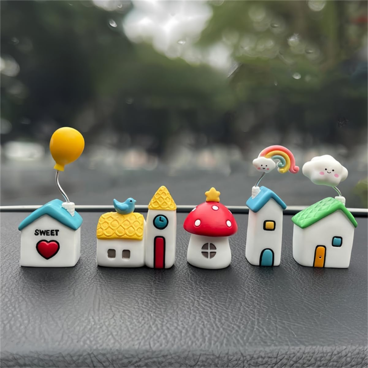 5 Pcs Colourful Fairytale House, Cute Car Dashboard Decor & Funny Rearview Mirror Ornaments, Fairy Garden Landscape Decor photo 1