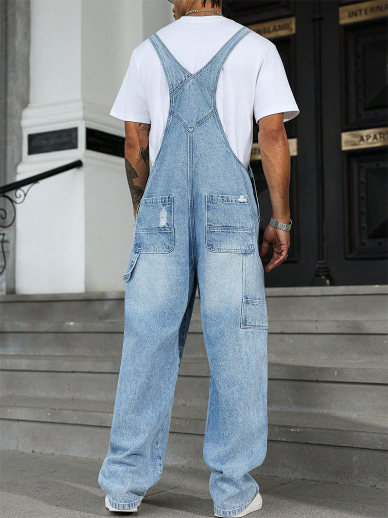 Distressed Light Blue Denim Overalls Men Ripped Loose Fit Vintage Streetwear Bib Overalls US Stock photo 3