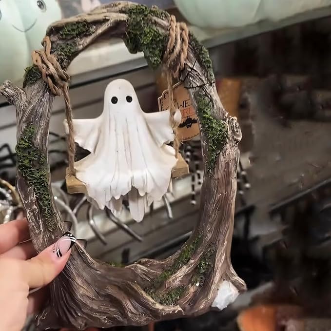 Halloween Ghost On Tree Swing Figurine Cute Swinging Ghost Statue For Desktop Shelf Mantel And Table Decor photo 2