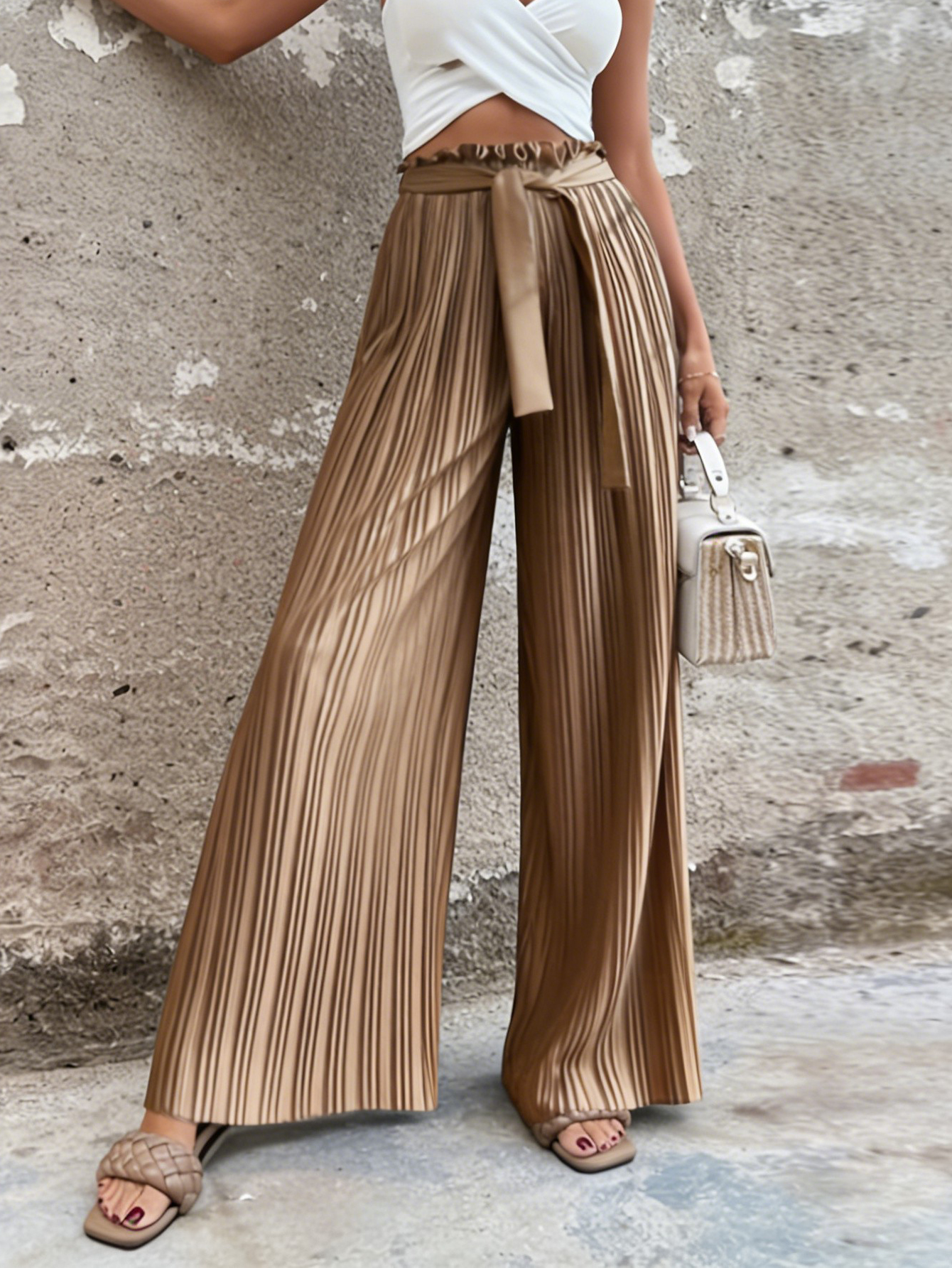 Women's Khaki Pleated Wide Leg Pants - High Waist Sash Belt Paperbag Palazzo Trousers photo 3