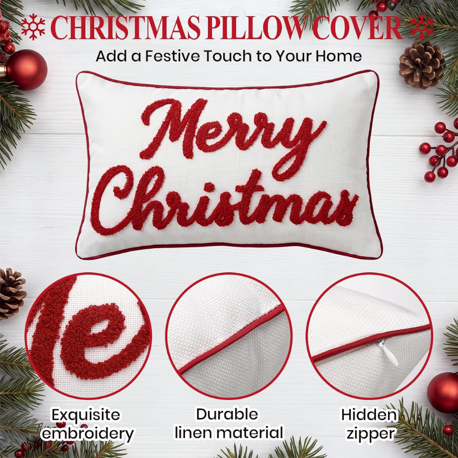 Merry Christmas Embroidered Throw Pillow Cover, Holiday Lumbar Cushion Case For Sofa Couch photo 2
