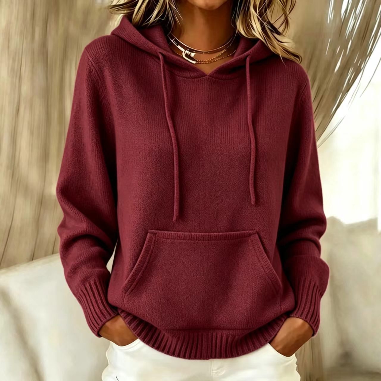 2026 Women's New Knitted Hoodie, Casual Pullover Sweater Top With Pockets photo 8