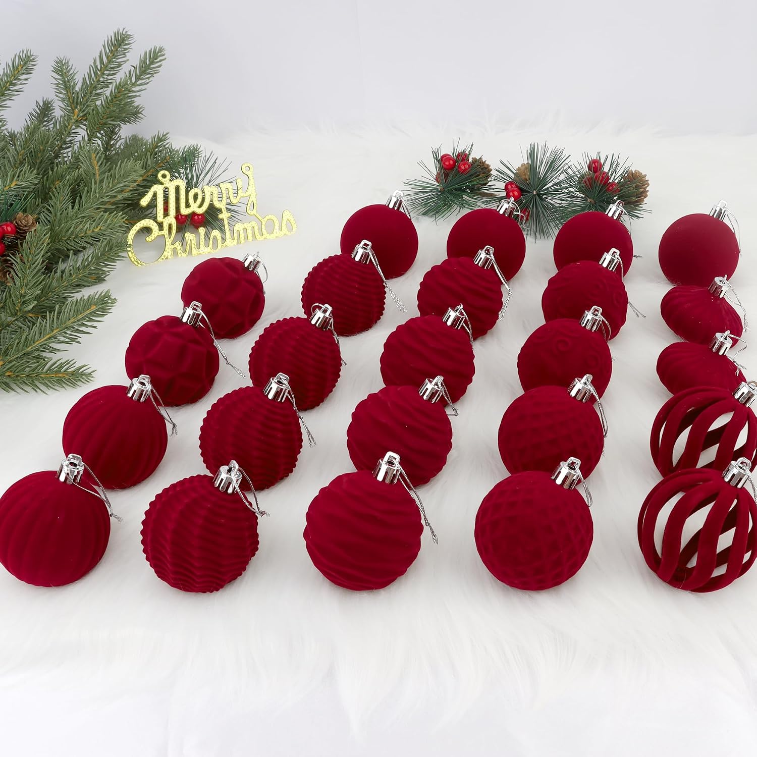 Burgundy Velvet Christmas Ball Ornaments 24 Units, 9 Designs 2.36 Inch Hanging Tree Decorations For Holiday Home Decor photo 3