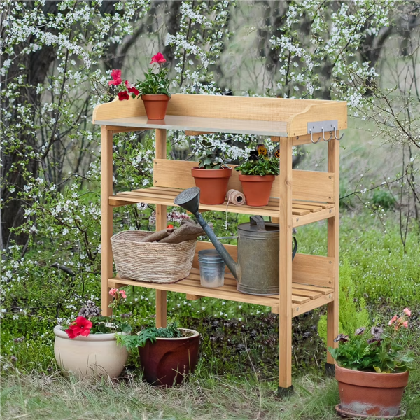 Outdoor Potting Bench Table With Storage Shelf,Natural Wood photo 6