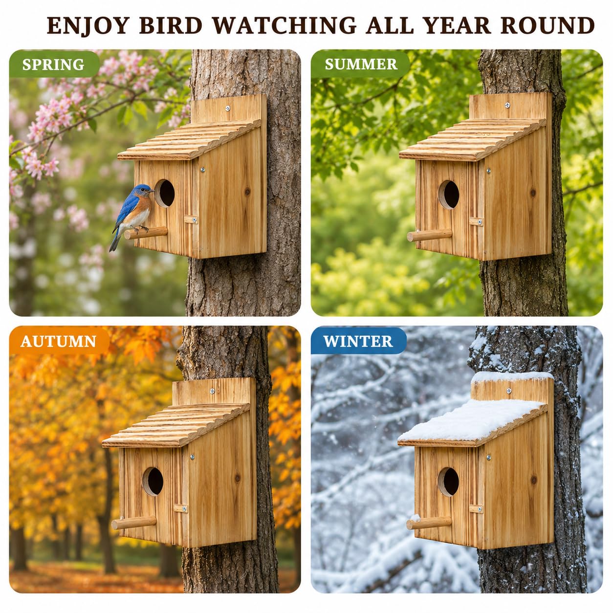 Wooden Bird House For Outside, Hanging Natural Wood Birdhouse With Perch, 1.5in Entrance & Side Clean-Out Door For Bluebirds, Wrens And Finches, Garden Decor photo 3