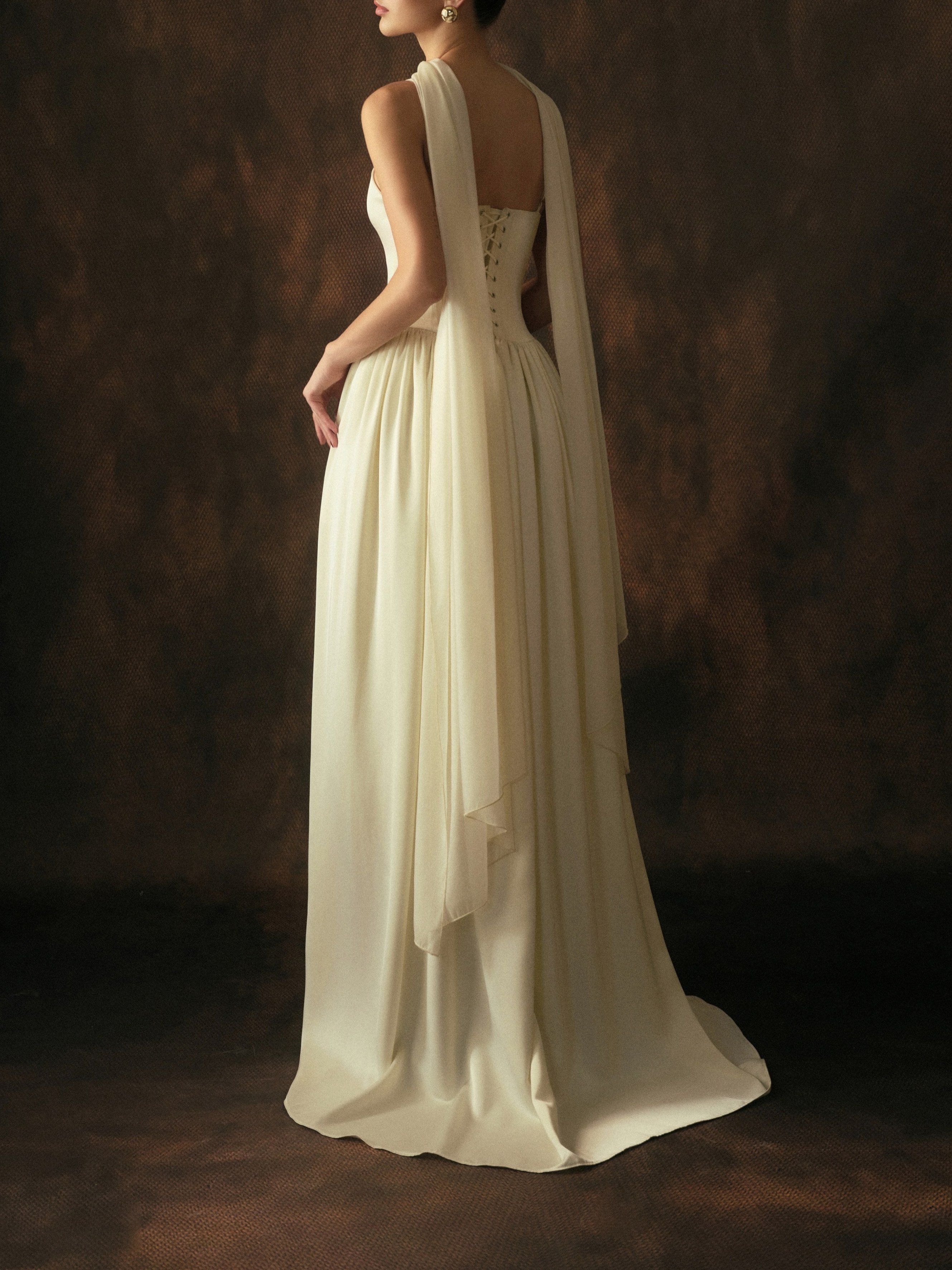 Satin Spaghetti Strap Wedding Evening Gown With Scarf photo 7