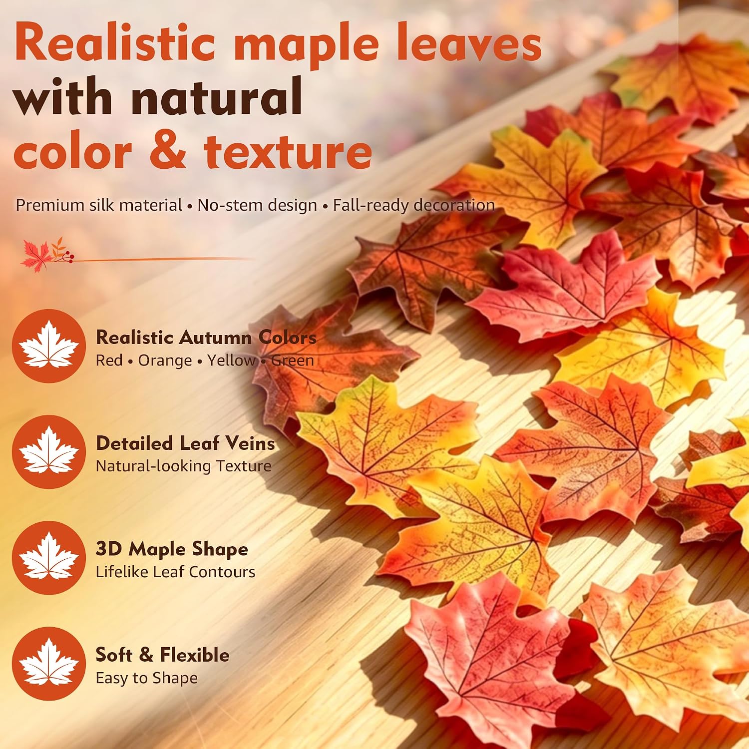 Artificial Fall Maple Leaves 350 Units, Colorful Faux Leaves With Vein Texture For Autumn Home Decor, DIY Crafts And Parties photo 5