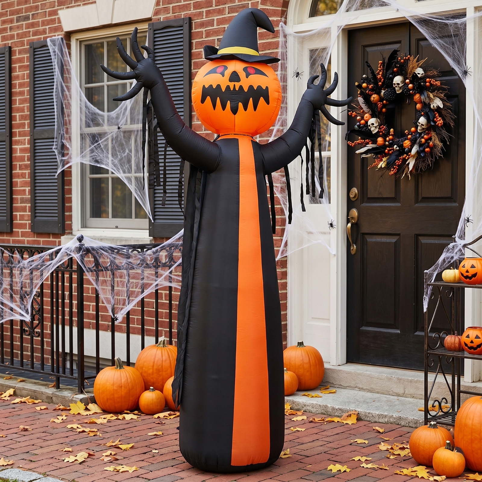 10ft Inflatable Halloween Decor With Rotatable Head Pumpkin Ghost In Cape,6 Built-in LED Lights,Black & Orange,12V 2000mA US Power Adapter photo 4
