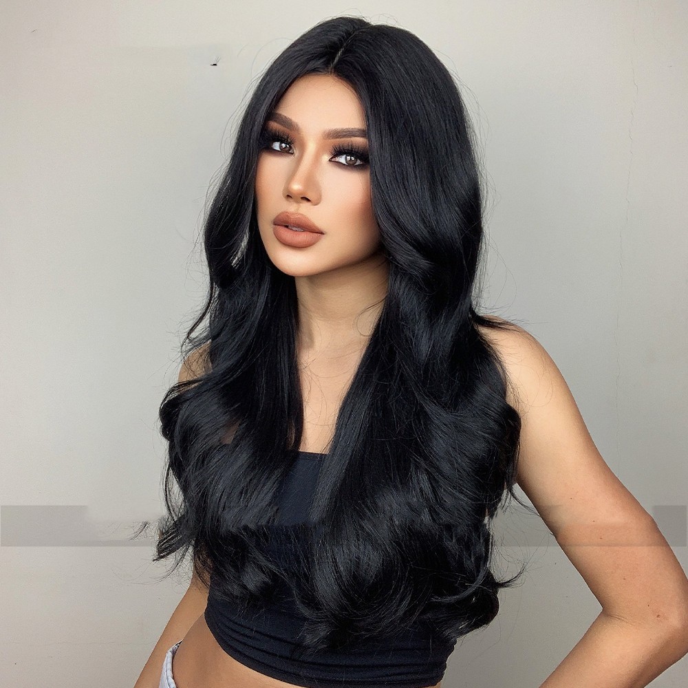 Black Medium Parted Long Curly Hair With Big Waves photo 1