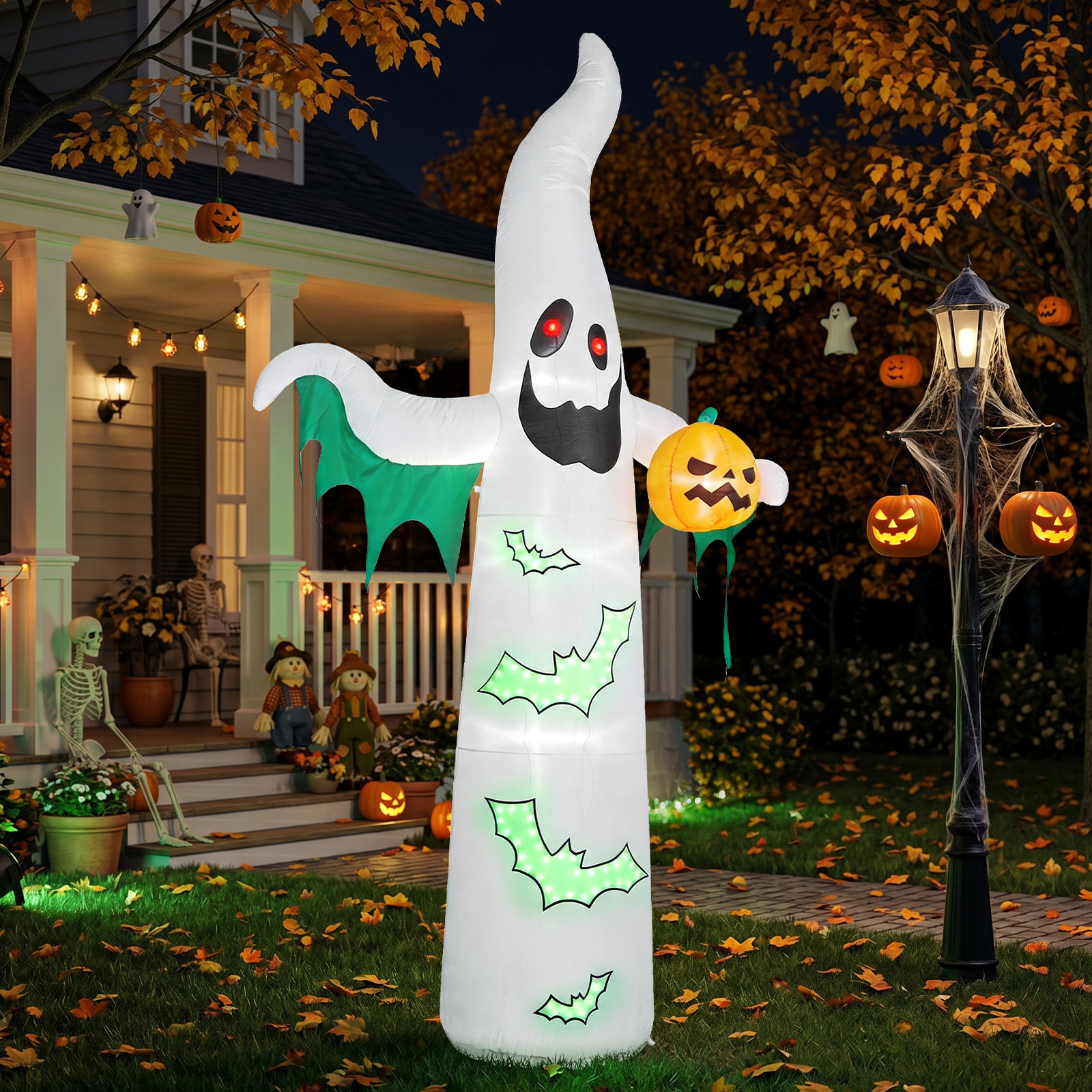 12ft Inflatable Halloween Decor With Flashing Bats & White Ghosts,4 LED Lights - 82 String Lights,White & Green,12V 1500mA US Power Adapter photo 2