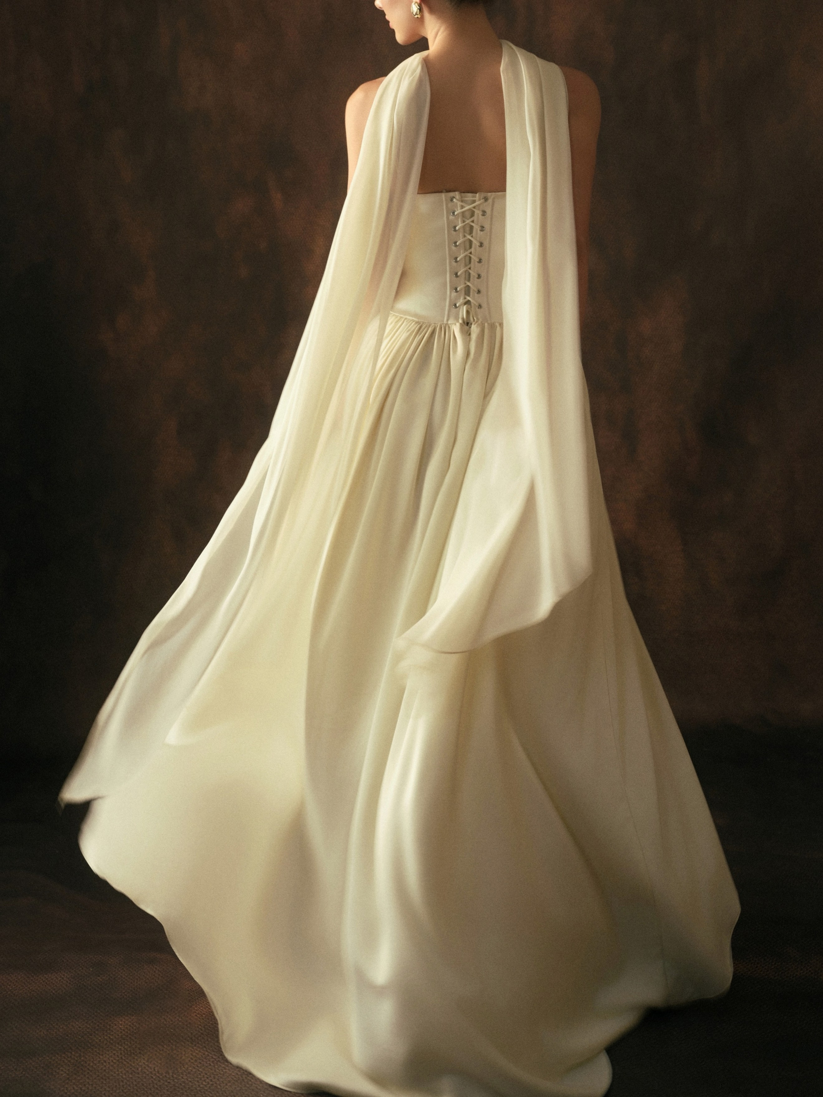 Satin Spaghetti Strap Wedding Evening Gown With Scarf photo 3