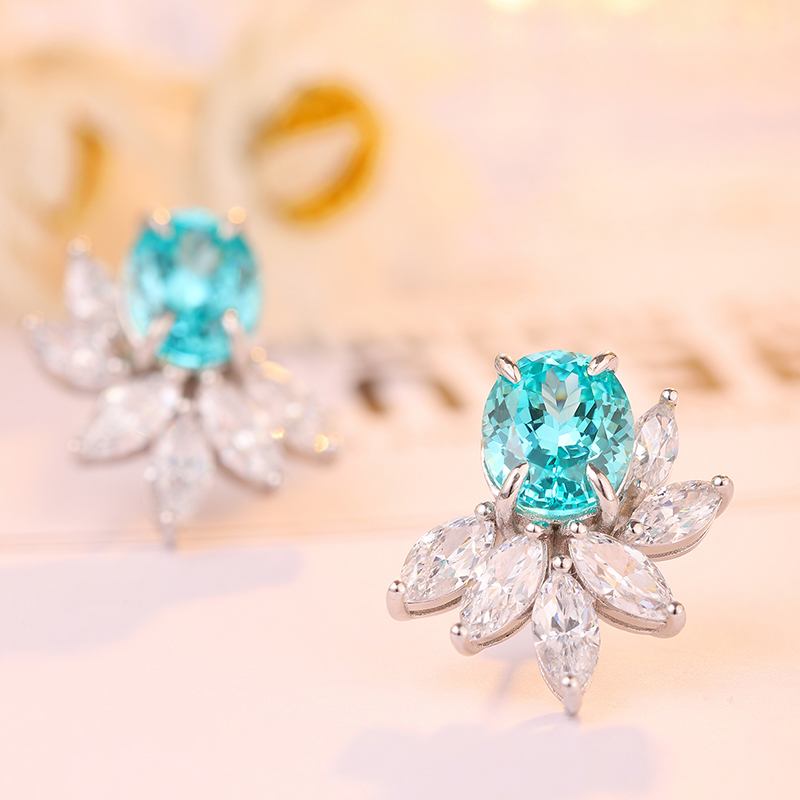 S925 Silver 7.3g Lab Created Gemstone Earrings, 10x8mm Multi-Color Flower Studs, Ruby Sapphire Emerald Paraiba photo 4