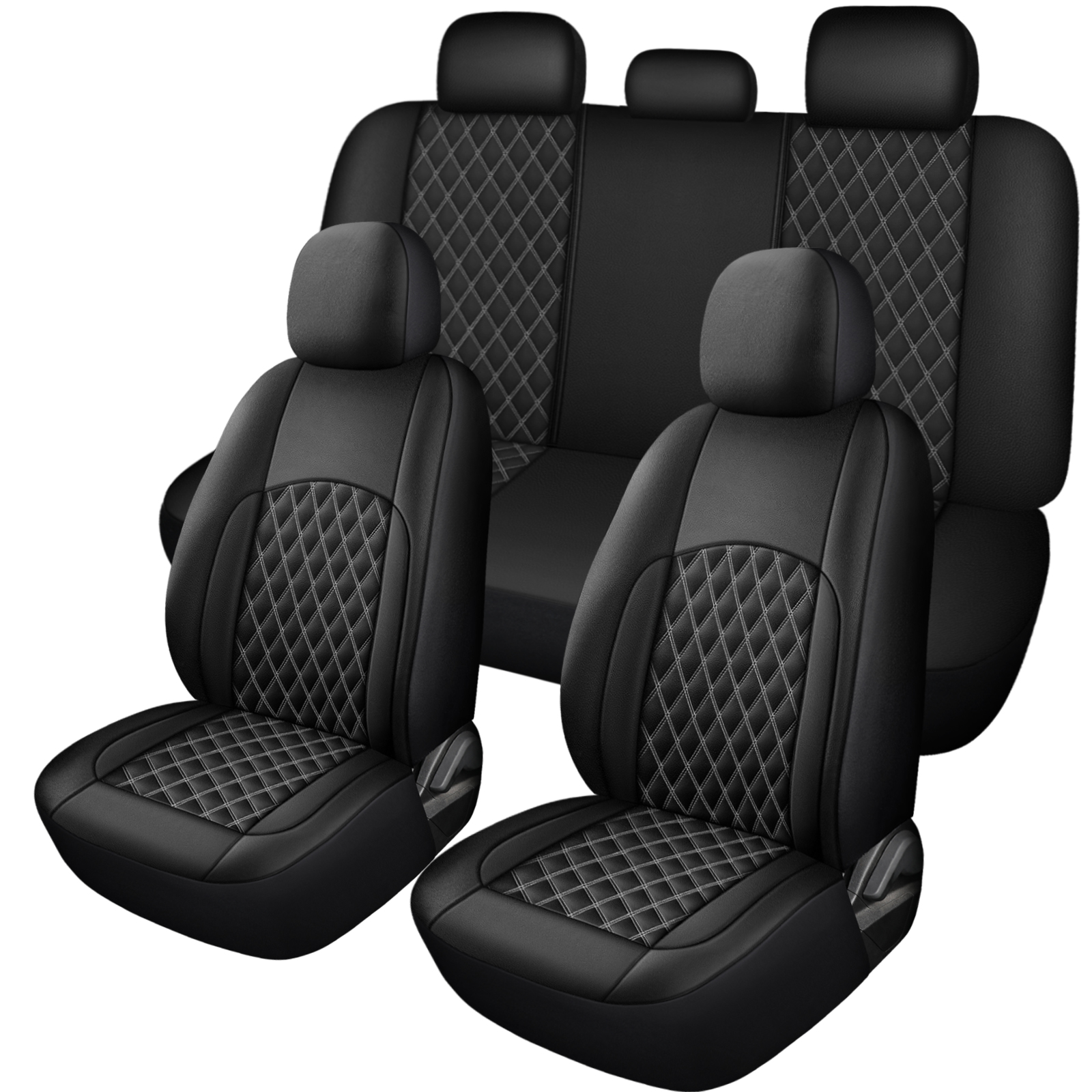 Sport Racing Style PU Leather Car Seat Covers Full 5 Seats, Dual Side Colored Double Stitch Diamond Grid  Inner Diamond Thread All White , Breathable Wearproof Universal Auto Seat Cushion Protector photo 1