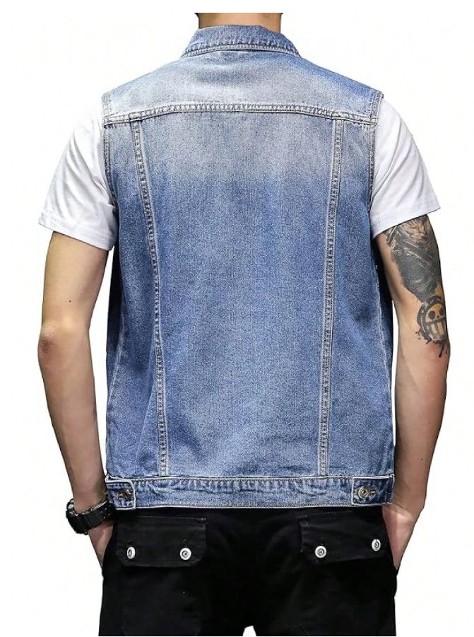 Classic Denim Vest Men Light Blue Washed Sleeveless Jean Jacket Casual USA Warehouse Stock photo 2