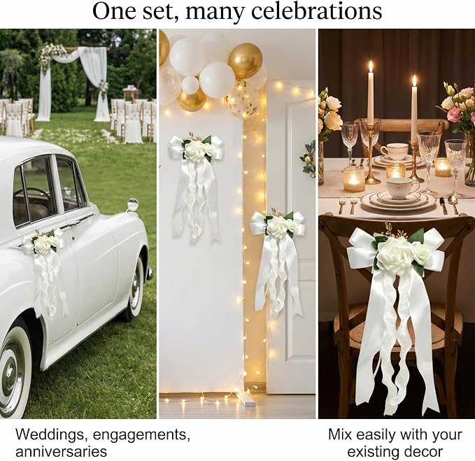 4-Piece White Artificial Flower Bouquets For Wedding Car Door Handle And Celebration Decorations photo 4