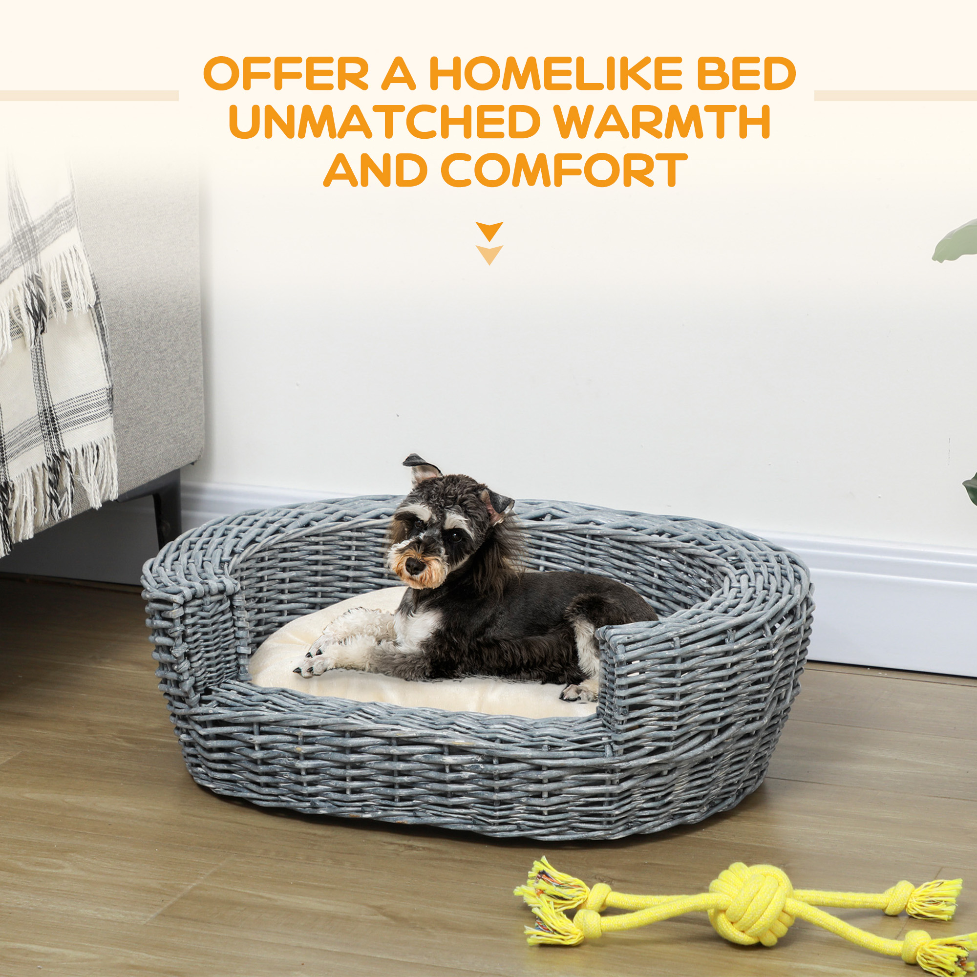 PawHut Wicker Pet Bed Willow Dog Cat Sofa Couch Puppy Basket With Cushion Grey 57L X 46W X 17.5H Cm photo 2