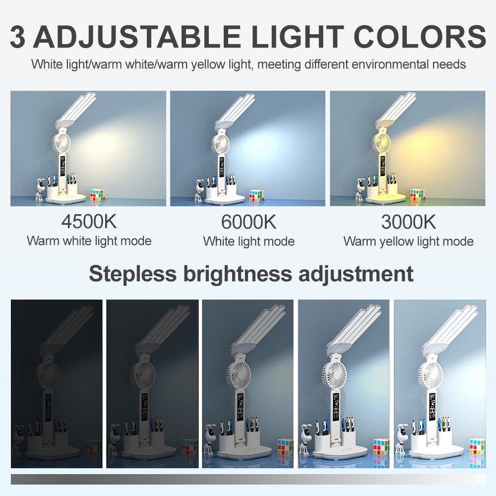 4-Head LED Desk Reading Lamp With Fan Clock Dimmable Rechargeable Touch Light photo 3
